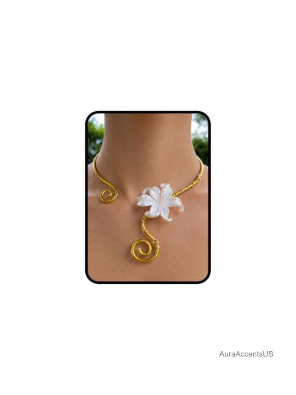 Gold Tone Wire Collar Choker Necklace White Lily Floral Statement Boho